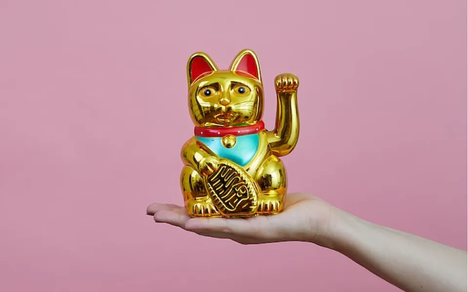 写真:手の上に金の招き猫が乗っています。